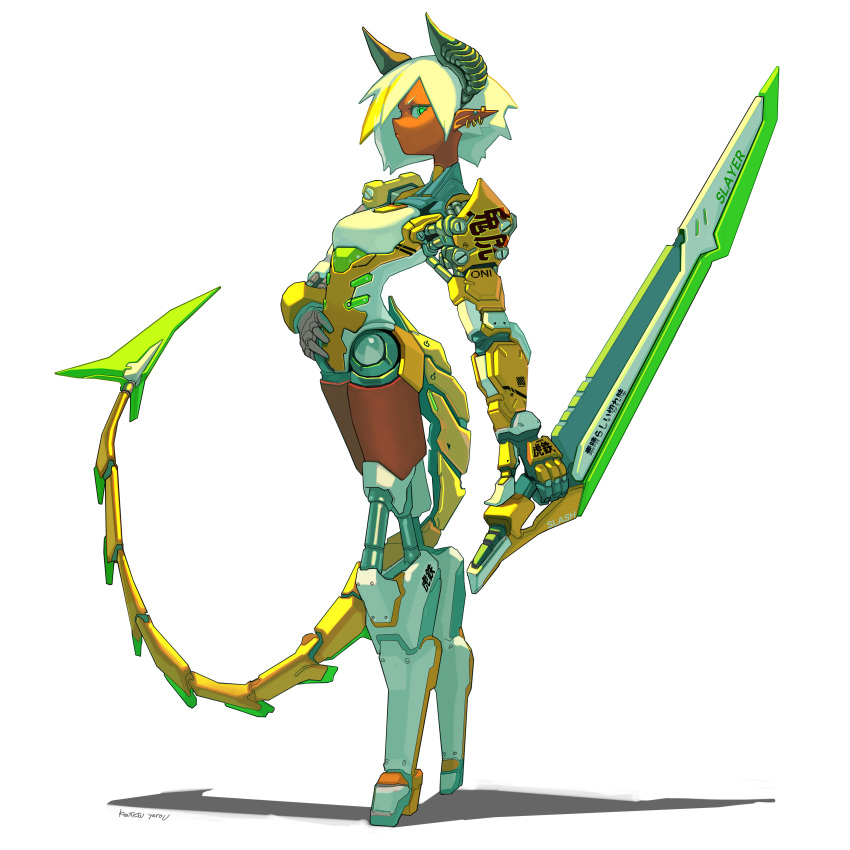 1girl absurdres breasts colored_skin cyberpunk cyborg demon_girl demon_horns demon_tail earrings fewer_digits full_body green_eyes hand_on_hip highres holding holding_sword holding_weapon horns jewelry joints koutetu_yarou looking_at_viewer mechanical_tail no_feet original pointy_ears red_skin reverse_grip robot_joints shadow short_hair signature small_breasts solo standing sword tail weapon white_background white_hair