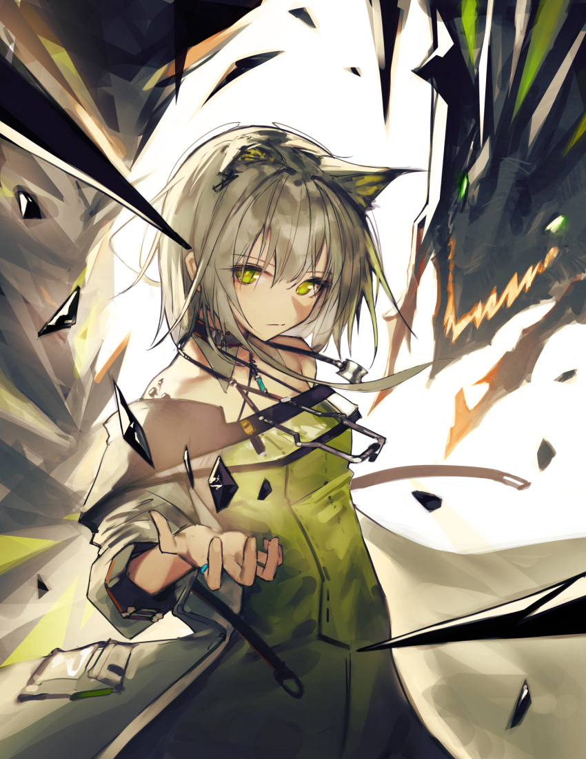 1girl animal_ear_fluff animal_ears arknights black_collar cat_ears collar commentary detached_collar dress extra_ears green_dress green_eyes hair_between_eyes hand_up highres jewelry kal'tsit_(arknights) looking_at_viewer mon3tr_(arknights) necklace off-shoulder_dress off_shoulder originium_arts_(arknights) oripathy_lesion_(arknights) simple_background solo upper_body veilrain white_background white_hair white_sleeves