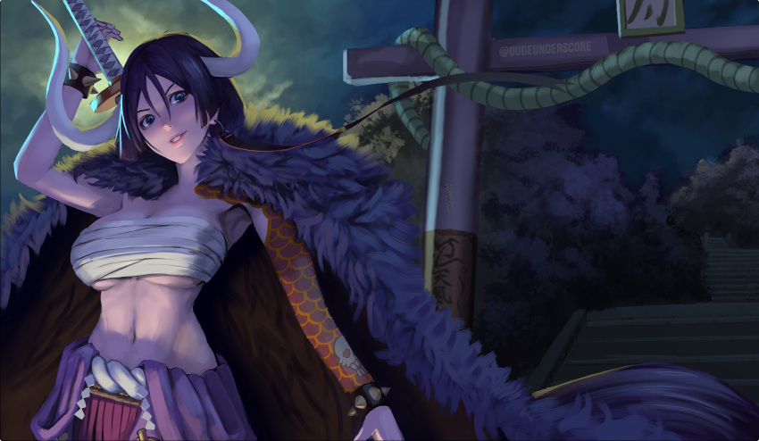 1girl absurdres adapted_costume alternate_costume architecture arm_tattoo blue_eyes bracelet breasts cape commission cosplay dudeunderscore earrings east_asian_architecture eyebrows eyebrows_visible_through_hair fate/grand_order fate_(series) forest fur_trim gate highres horns japanese_clothes jewelry kaidou_(one_piece) kaidou_(one_piece)_(cosplay) katana large_breasts lips long_hair minamoto_no_raikou_(fate) nature navel one_piece pink_lips pun sarashi shaded_face shading shadow skull_tattoo spiked_bracelet spikes stairs sword sword_behind_back tattoo twitter_username violet_eyes weapon weapon_behind_back white_horns