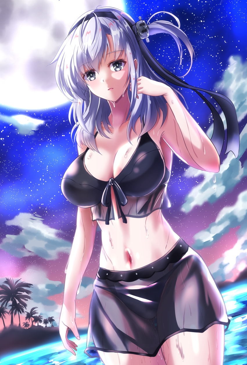 1girl absurdres bikini black_bikini black_headband breasts cowboy_shot female_pubic_hair full_moon grey_eyes hachimaki headband highres kantai_collection kentan_(kingtaiki) large_breasts long_hair moon navel night nipples nude one_side_up outdoors palm_tree pubic_hair silver_hair solo standing suzutsuki_(kancolle) swimsuit tree wading