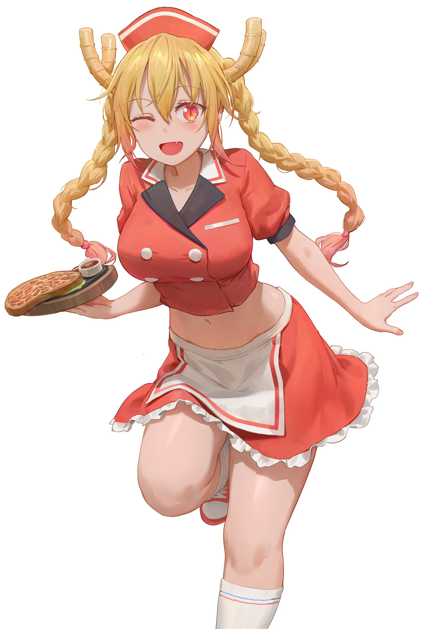 1girl ;d absurdres alternate_costume alternate_hairstyle blonde_hair braid breasts cup dragon_girl dragon_horns employee_uniform eyebrows_visible_through_hair food free_style_(yohan1754) hair_between_eyes highres holding holding_plate horns kobayashi-san_chi_no_maidragon large_breasts long_hair looking_at_viewer midriff navel one_eye_closed open_mouth plate red_eyes red_headwear simple_background slit_pupils smile solo standing standing_on_one_leg tohru_(maidragon) twin_braids uniform white_background
