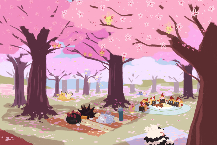 absurdres blanket cherrim cherrim_(sunshine) cherry_blossoms commentary cup curry day drifloon falinks flower food galarian_form galarian_zigzagoon gen_1_pokemon gen_2_pokemon gen_4_pokemon gen_7_pokemon gen_8_pokemon grass green_tea highres lily_woodall outdoors petals pichu picnic pikachu pincurchin pink_flower pokemon pokemon_(creature) poliwag rowlet sitting snom tea thermos tongue tongue_out tree
