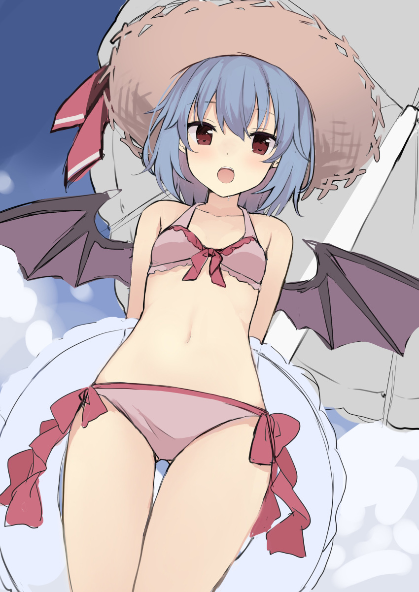 1girl absurdres bangs bat_wings bikini blue_hair blue_sky bow bra breasts brown_eyes brown_headwear clouds cloudy_sky commentary_request eyebrows_visible_through_hair hair_between_eyes hat hat_ribbon highres holding looking_at_viewer looking_down navel open_mouth panties pink_bikini pink_bow pink_bra pink_panties red_ribbon remilia_scarlet ribbon ruhika short_hair sky small_breasts solo standing stomach swimsuit touhou umbrella underwear wings work_in_progress