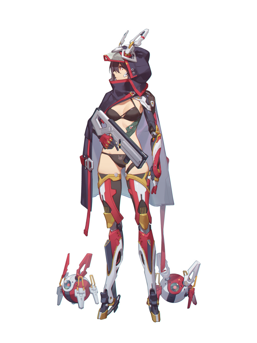 1girl absurdres bangs bikini black_bikini black_cloak breasts brown_hair chinese_commentary chromatic_aberration cloak commentary_request endlessdarkness eyebrows_visible_through_hair full_body gun highres holding holding_gun holding_weapon hood hood_up hooded_cloak looking_to_the_side mecha_musume mechanical_arms mechanical_legs orange_eyes original profile robot robot_ears simple_background skindentation small_breasts solo swimsuit weapon white_background