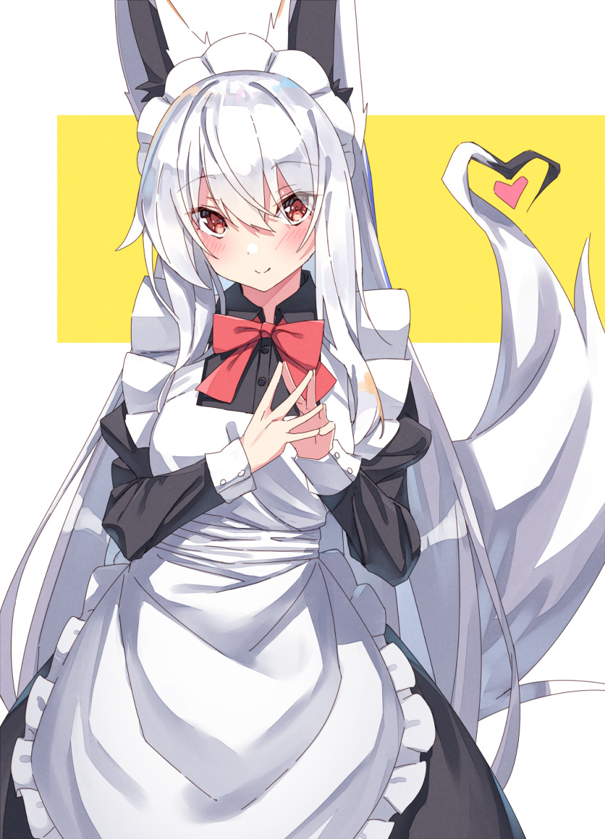 1girl animal_ears apron black_dress breasts dress fox_ears fox_tail heart highres juliet_sleeves long_hair long_sleeves maid maid_apron maid_headdress medium_breasts orange_eyes original puffy_sleeves shiro_youduki smile solo tail white_apron white_hair