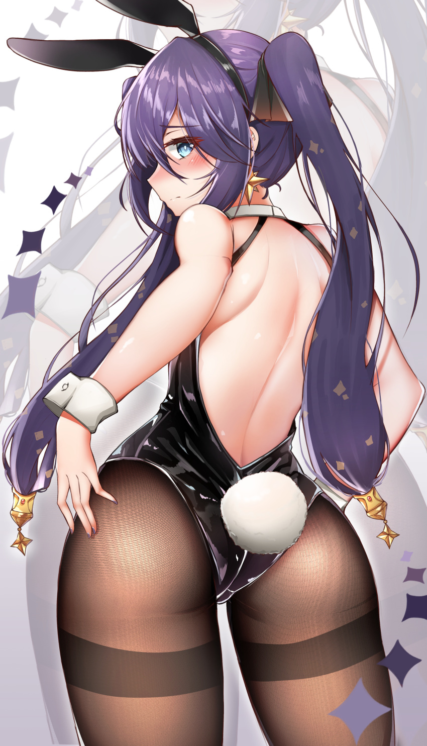 1girl absurdres animal_ears ass back bangs blush closed_mouth cowboy_shot earrings from_behind genshin_impact green_eyes hair_between_eyes highres jewelry leotard long_hair looking_at_viewer looking_back mona_(genshin_impact) nahanmin pantyhose playboy_bunny purple_hair rabbit_ears rabbit_tail solo star_(symbol) star_earrings tail twintails wrist_cuffs zoom_layer