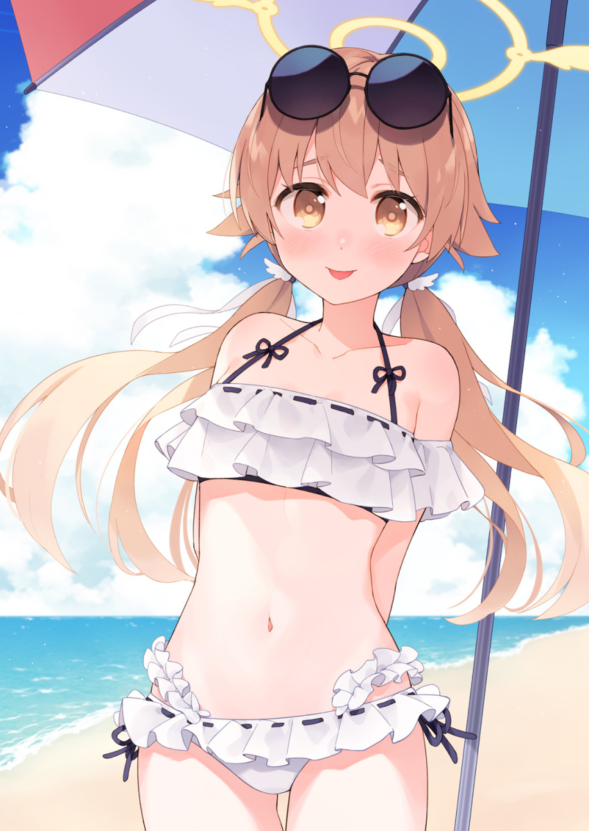 1girl arms_behind_back beach blue_archive blush collarbone eyewear_on_head halo hifumi_(blue_archive) highres kano_hito light_brown_hair long_hair low_twintails navel parasol sky solo sunglasses swimsuit tongue tongue_out twintails umbrella yellow_eyes