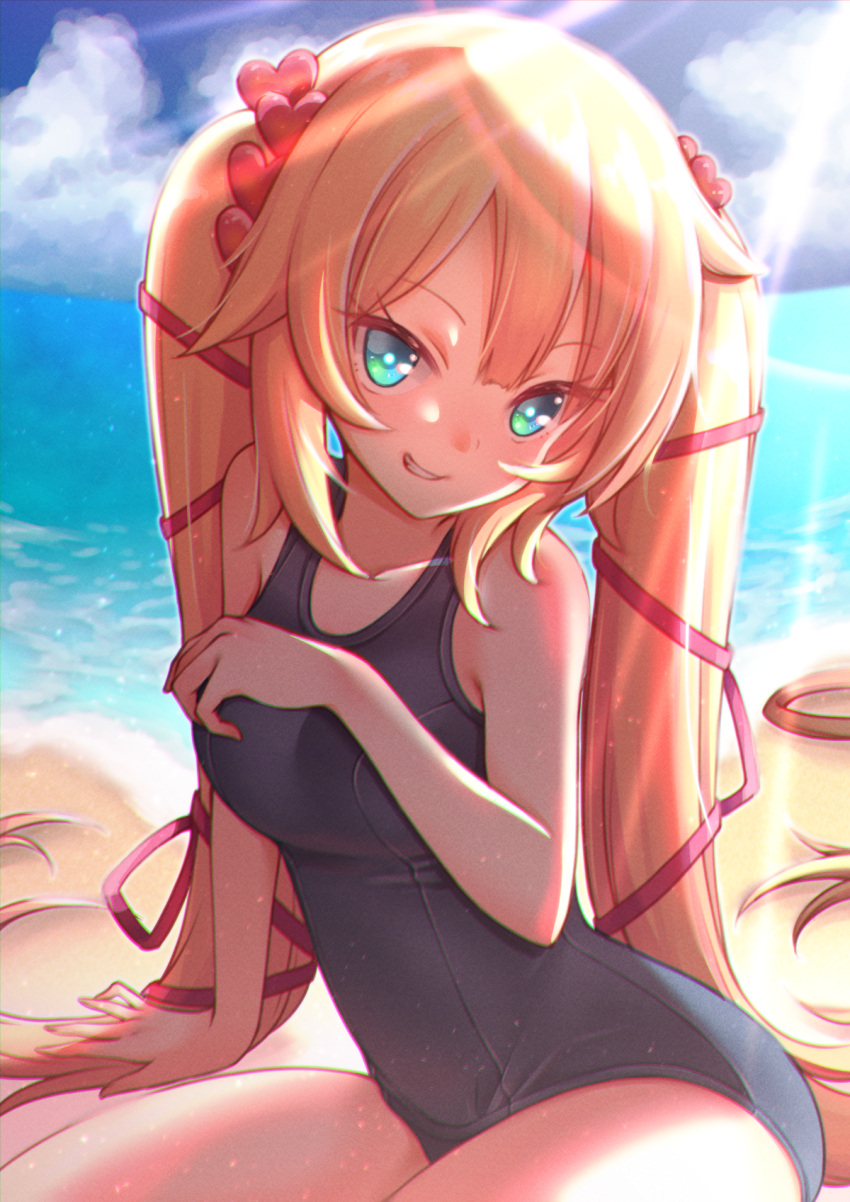 1girl akai_haato alternate_hairstyle aqua_eyes bare_arms bare_legs bare_shoulders beach blonde_hair blue_swimsuit breasts eyelashes grin hair_ornament hair_ribbon heart heart_hair_ornament highres hiva+ hololive large_breasts long_hair looking_at_viewer ocean old_school_swimsuit one-piece_swimsuit red_ribbon ribbon school_swimsuit shade sitting skin_tight smile solo sunlight swimsuit tied_hair twintails very_long_hair virtual_youtuber yokozuwari