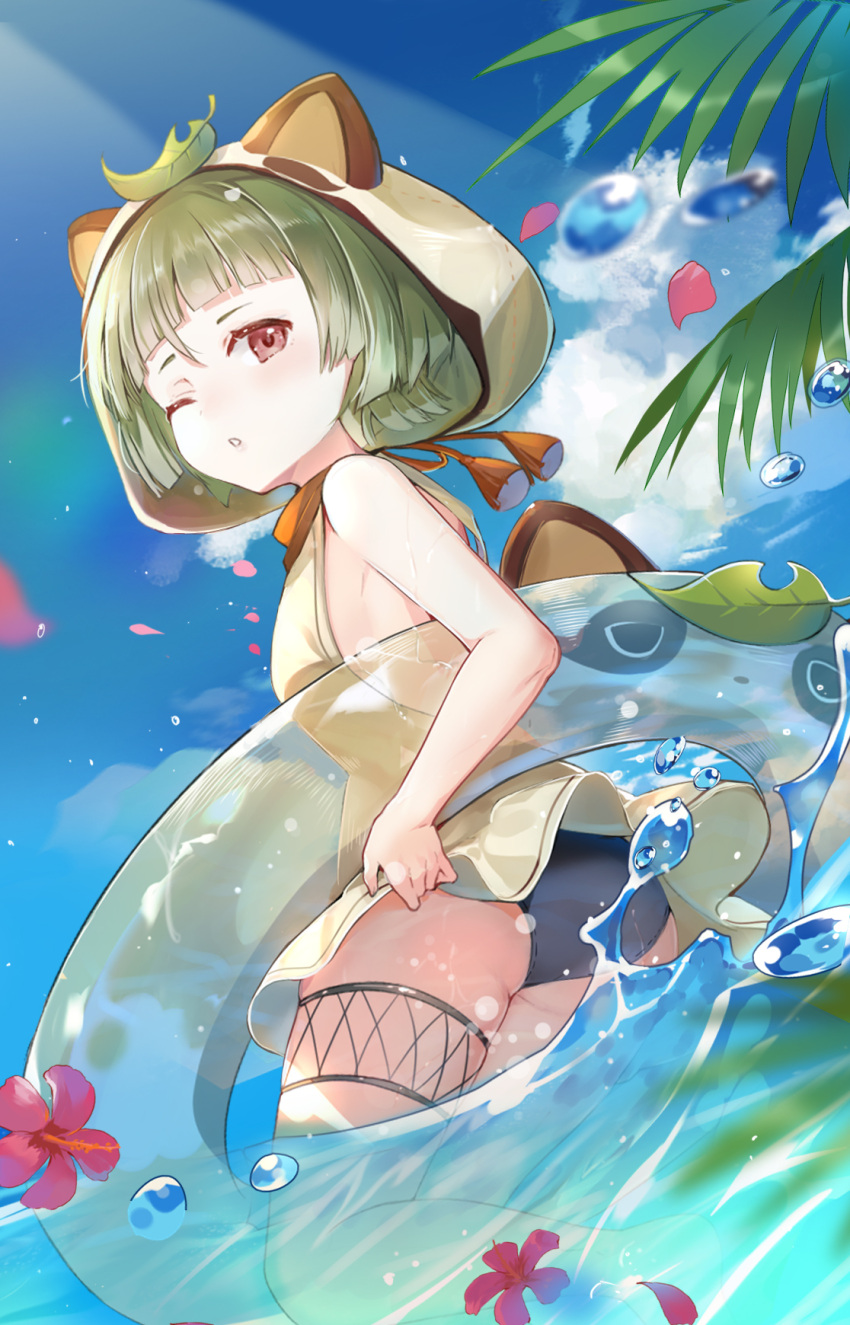 1girl animal_ears ass bangs bare_legs bare_shoulders barefoot beach black_swimsuit blue_sky blunt_bangs blush breasts bubble choker clouds cloudy_sky commentary day elise_(piclic) english_commentary eyebrows fake_animal_ears feet flower from_side full_body genshin_impact green_hair green_swimsuit highres hood hooded_swimsuit innertube kamisato_ayaka leaf looking_at_viewer one_eye_closed palm_tree parted_lips partially_submerged petals raccoon_ears raccoon_hood red_eyes red_flower sayu_(genshin_impact) short_hair sideboob sky small_breasts solo swimsuit teeth thigh_strap thighs toes tree water