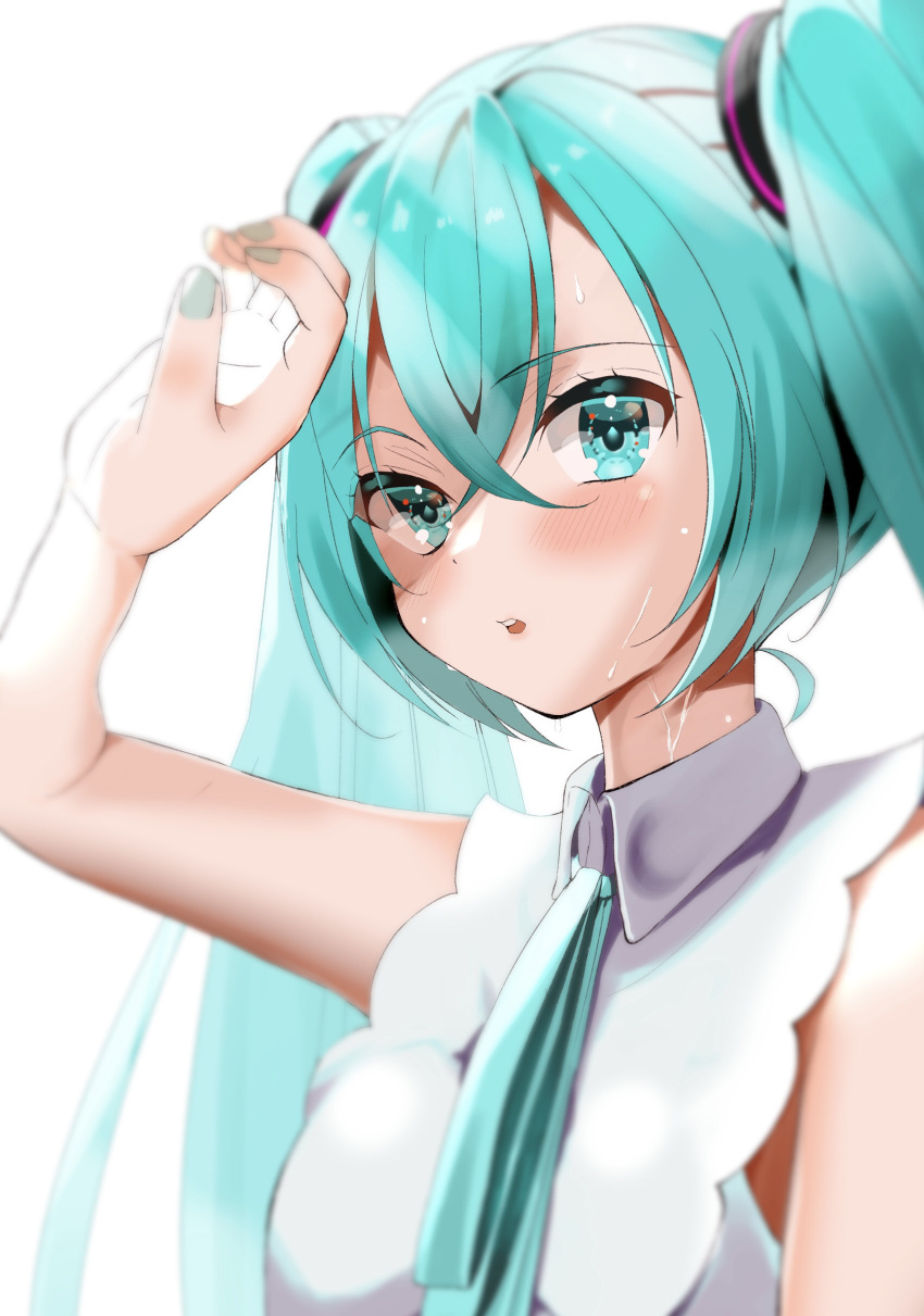 1girl absurdres aqua_eyes aqua_hair aqua_nails aqua_neckwear bare_shoulders bloom blurry blush depth_of_field hair_ornament hand_up hatsune_miku hatsune_miku_(nt) highres long_hair looking_at_viewer nail_polish neck_ribbon open_mouth piapro ribbon shading_eyes shirt sleeveless sleeveless_shirt solo sweat tsunagi_1111 twintails upper_body very_long_hair vocaloid white_background white_shirt