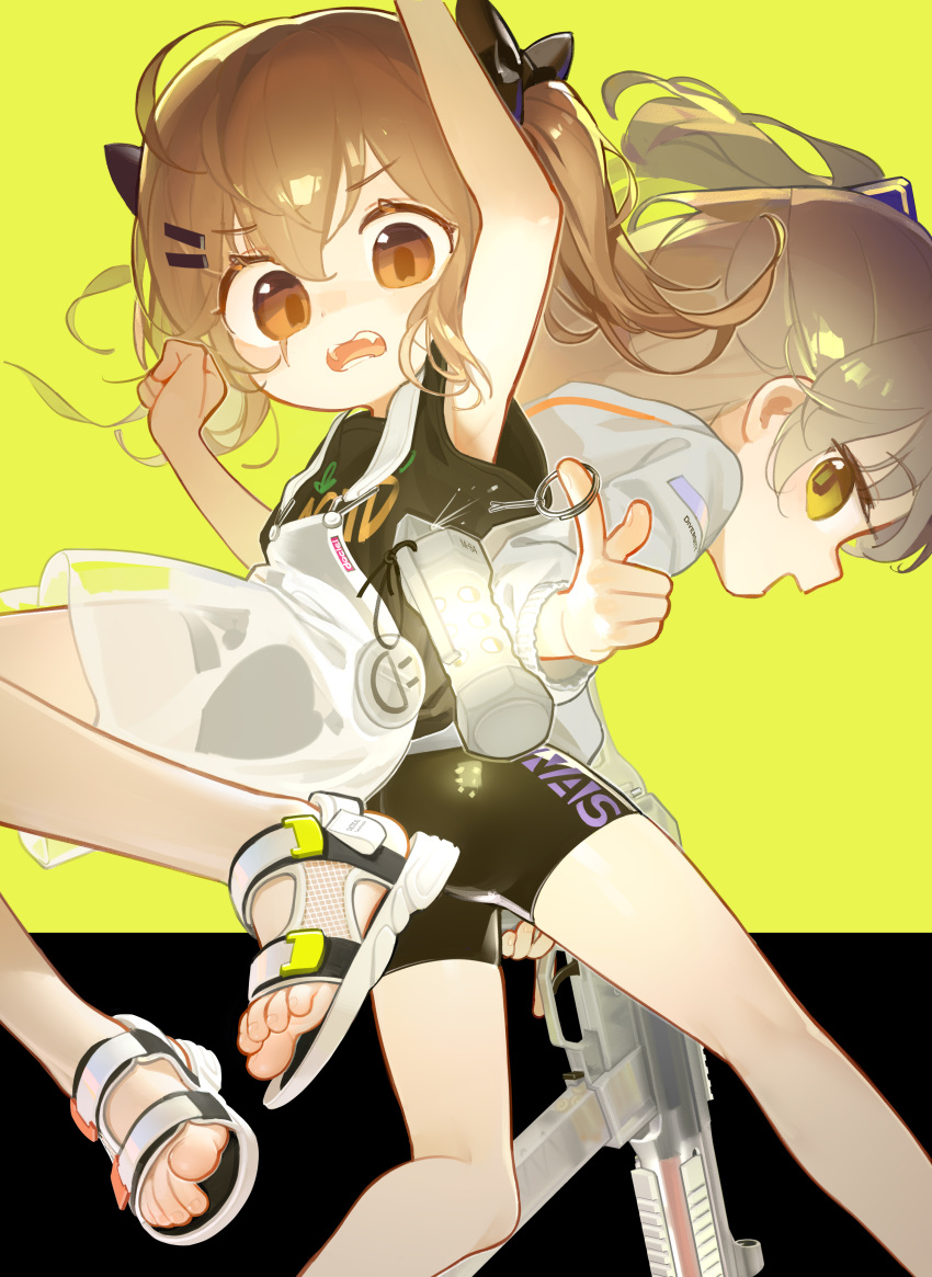 2girls absurdres armpit_peek bike_shorts black_ribbon black_shirt black_shorts brown_eyes brown_hair casual chinese_commentary commentary_request eyebrows_visible_through_hair feet flashbang girls_frontline grenade_pin gun h&amp;k_ump hair_ornament hair_ribbon hairclip highres holding holding_weapon long_hair multiple_girls one_side_up open_mouth overalls ribbon sandals scar scar_across_eye see-through shirt short_sleeves shorts submachine_gun suspenders t-shirt tianliang_duohe_fangdongye toes trigger_discipline twintails ump45_(girls_frontline) ump9_(girls_frontline) weapon white_overalls yellow_eyes younger