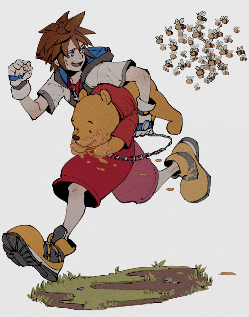 2boys bear bee blue_eyes brown_hair bug carrying chain disney eating fingerless_gloves gloves grey_background highres honey hood hooded_jacket insect jacket jewelry kingdom_hearts multiple_boys necklace oimo_(oimkimn) pooh red_shorts running short_sleeves shorts sora_(kingdom_hearts) sweat symbol-only_commentary white_gloves white_jacket winnie_the_pooh