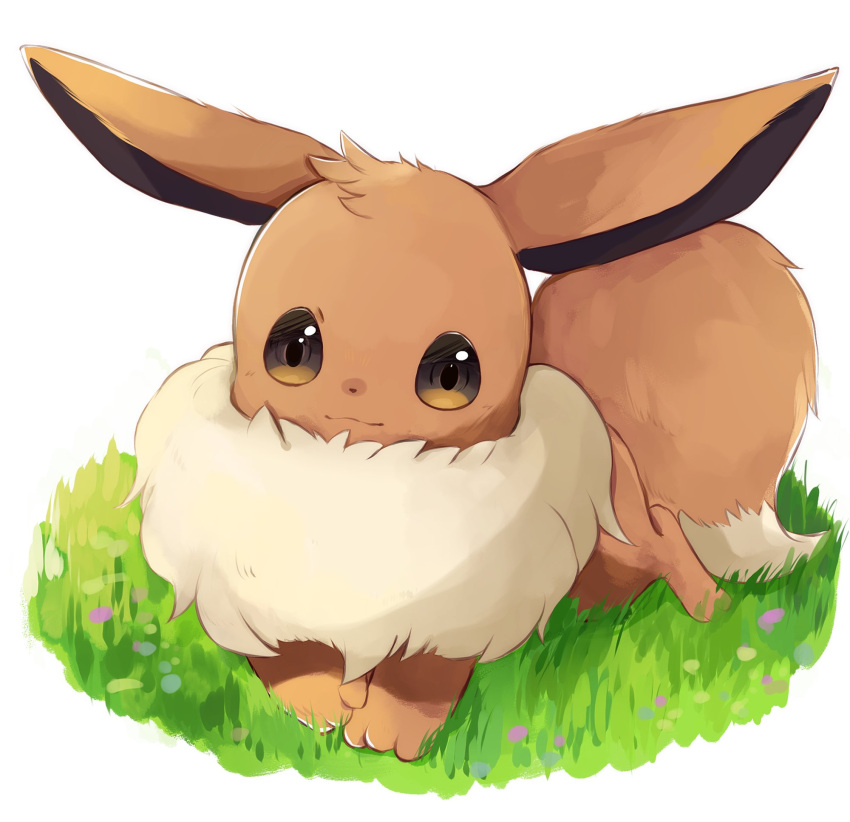 brown_eyes closed_mouth commentary_request eevee full_body gen_1_pokemon goma_(nabepa_nabepa) grass highres no_humans paws pokemon pokemon_(creature) smile solo toes