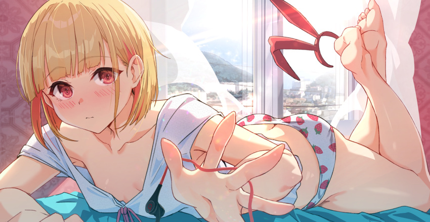 1girl animal_ears ass bangs barefoot beats_by_dr._dre blonde_hair breasts commentary eyebrows_visible_through_hair food_print highres looking_at_viewer lying mountain on_stomach original panties rabbit_ears red_eyes short_hair small_breasts solar_(happymonk) solo strawberry_print underwear window
