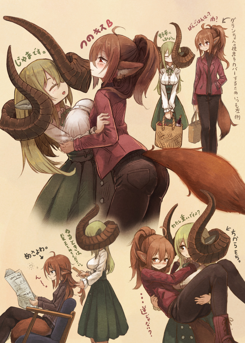 159cm 2girls ahoge animal_ears ass asymmetrical_horns bag black_pants blush boots breast_press breasts brown_footwear brown_hair brushing_another's_hair buttons carrying closed_mouth curled_horns double-breasted earrings glan_(159cm) green_neckwear green_ribbon green_skirt grocery_bag hair_between_eyes high-waist_skirt highres holding holding_bag horns huge_horns jacket jewelry large_breasts long_sleeves multiple_girls neck_ribbon original pants ponytail princess_carry red_jacket ribbon shirt shopping_bag simple_background skirt smile tail translation_request white_shirt wine-chan_(159cm) wolf_ears wolf_tail yellow_background yuri
