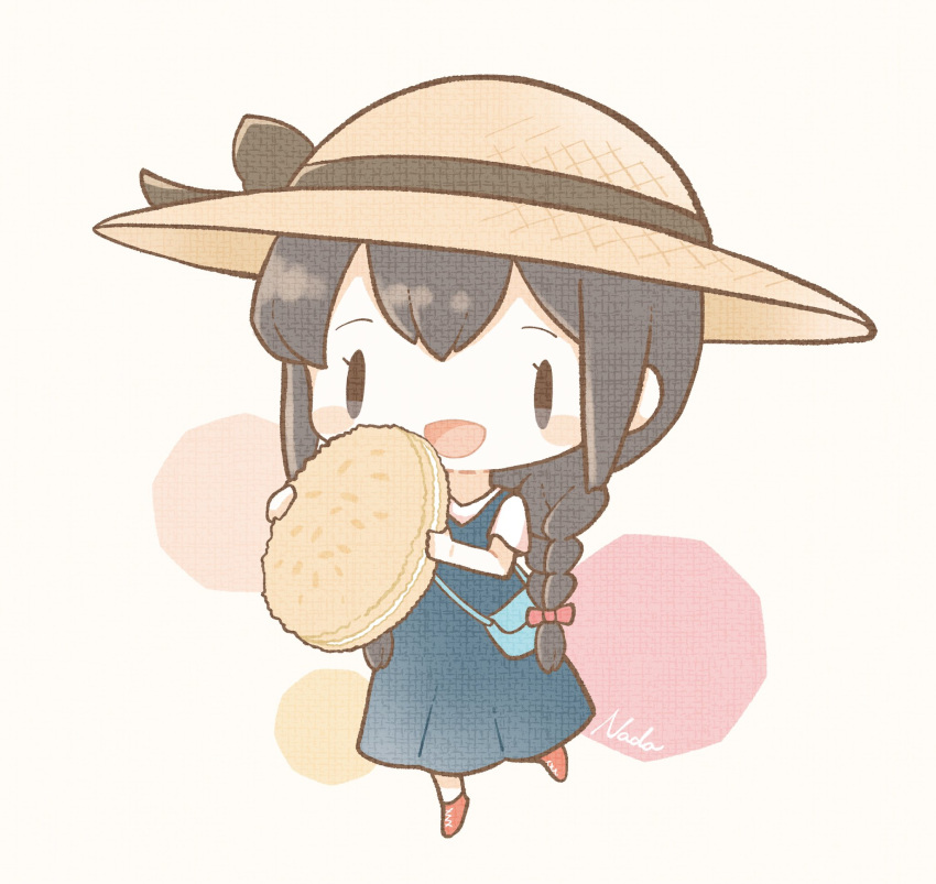 1girl alternate_costume bangs black_hair blue_dress blush_stickers braid chibi cookie dress food full_body hair_ribbon hat highres holding holding_cookie holding_food isonami_(kancolle) kantai_collection long_hair nada_namie open_mouth red_footwear ribbon shirt signature simple_background solo sun_hat twin_braids white_shirt