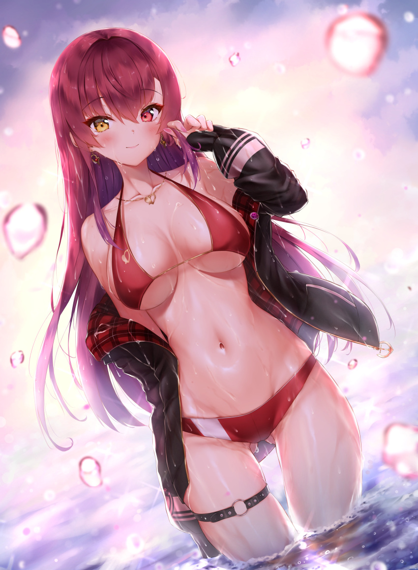 1girl absurdres arm_at_side ass_visible_through_thighs bangs bikini black_jacket blush breasts bubble closed_mouth collarbone commentary_request cowboy_shot earrings eyebrows_visible_through_hair halter_top halterneck hand_up heart heart_necklace heterochromia highres holding holding_hair hololive houshou_marine ijac_ray jacket jewelry large_breasts long_hair long_sleeves looking_at_viewer navel off_shoulder red_bikini red_eyes redhead smile solo standing stomach string_bikini swimsuit thigh_strap very_long_hair virtual_youtuber wading water wet wet_clothes wet_swimsuit yellow_eyes
