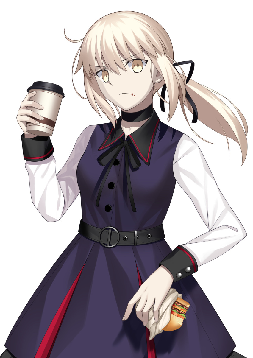1girl artoria_pendragon_(all) belt belt_buckle breasts buckle choker cowboy_shot dress eyebrows_visible_through_hair eyes_visible_through_hair fate/stay_night fate_(series) hair_between_eyes highres holding long_sleeves looking_at_viewer mishiro_(ixtlolton) ponytail saber_alter simple_background small_breasts solo white_background