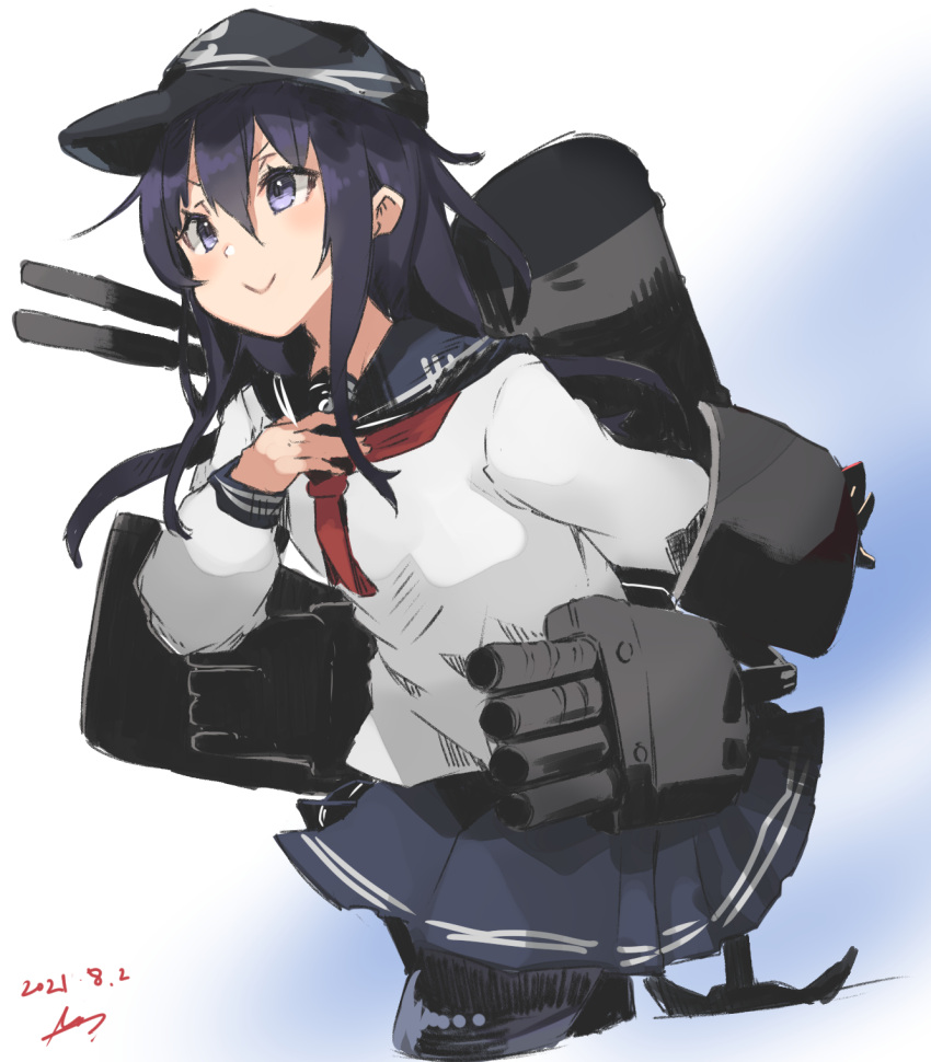 1girl akatsuki_(kancolle) anchor_symbol black_eyes black_hair black_sailor_collar black_skirt cowboy_shot dress flat_cap hat highres kantai_collection long_hair machinery neckerchief one-hour_drawing_challenge pantyhose pleated_dress pleated_skirt red_neckwear sailor_collar school_uniform serafuku skirt smile solo sunday_aki torpedo_launcher