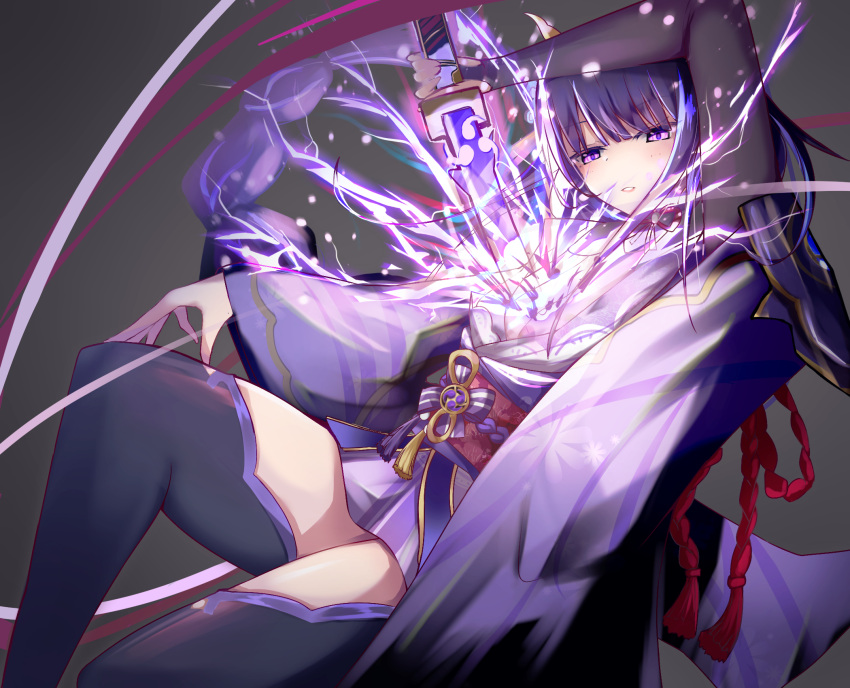 1girl armor bangs breasts commentary_request electricity flower genshin_impact grey_background hakanai highres holding holding_sword holding_weapon japanese_clothes kimono large_breasts long_hair long_sleeves mitsudomoe_(shape) mole mole_under_eye open_mouth purple_hair raiden_(genshin_impact) ribbon sash shoulder_armor simple_background solo sword tassel thigh-highs tomoe_(symbol) violet_eyes weapon wide_sleeves