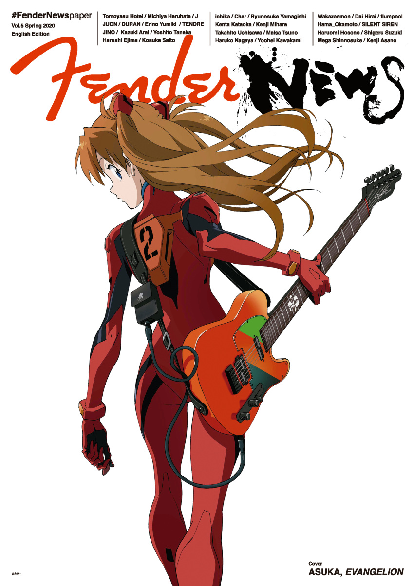 1girl absurdres artist_request ass blue_eyes bodysuit bracer cover electric_guitar feet_out_of_frame fender_telecaster from_behind guitar hairpods highres instrument interface_headset magazine_cover neon_genesis_evangelion orange_bodysuit orange_hair pilot_suit plectrum plugsuit red_bodysuit solo souryuu_asuka_langley title twintails white_background