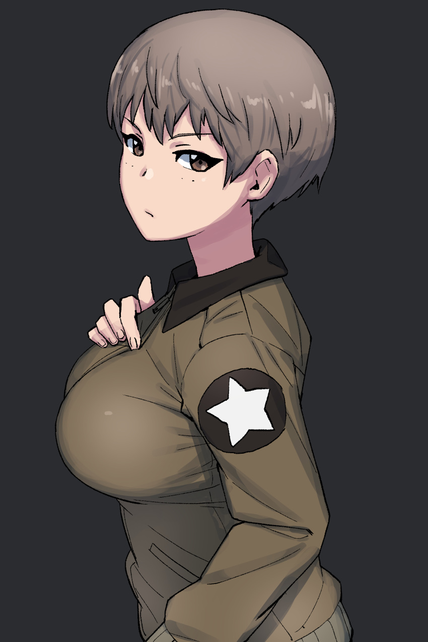 1girl absurdres bangs black_background brown_eyes brown_hair brown_jacket closed_mouth commentary emblem freckles from_side frown girls_und_panzer hand_on_own_chest highres jacket long_sleeves looking_at_viewer military military_uniform naomi_(girls_und_panzer) onsen_tamago_(hs_egg) saunders_military_uniform short_hair simple_background solo star_(symbol) uniform very_short_hair