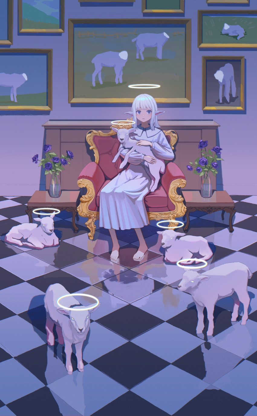 1girl animal animal_ears armchair bangs barefoot blue_eyes chair commentary dress flower full_body halo highres holding holding_animal indoors long_dress long_hair looking_at_viewer original painting_(object) parted_lips purple_flower reflective_floor sheep sheep_ears shunken_he sitting solo tile_floor tiles toes vase white_dress white_hair