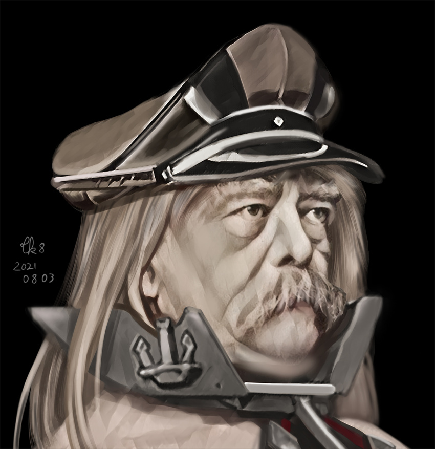 1boy bangs beard bismarck_(kancolle) bismarck_(kancolle)_(cosplay) black_background blonde_hair brown_headwear commentary_request cosplay dated face facial_hair hat highres kantai_collection long_hair male_focus military mustache old old_man otto_von_bismarck peaked_cap portrait real_life solo tk8d32