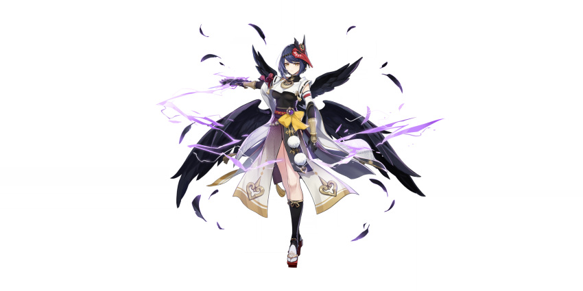 1girl black_gloves black_hair black_wings feathers full_body genshin_impact geta gloves highres japanese_clothes kujou_sara mask mask_on_head official_art pom_pom_(clothes) short_hair solo tengu-geta tengu_mask transparent_background vision_(genshin_impact) wings yellow_eyes