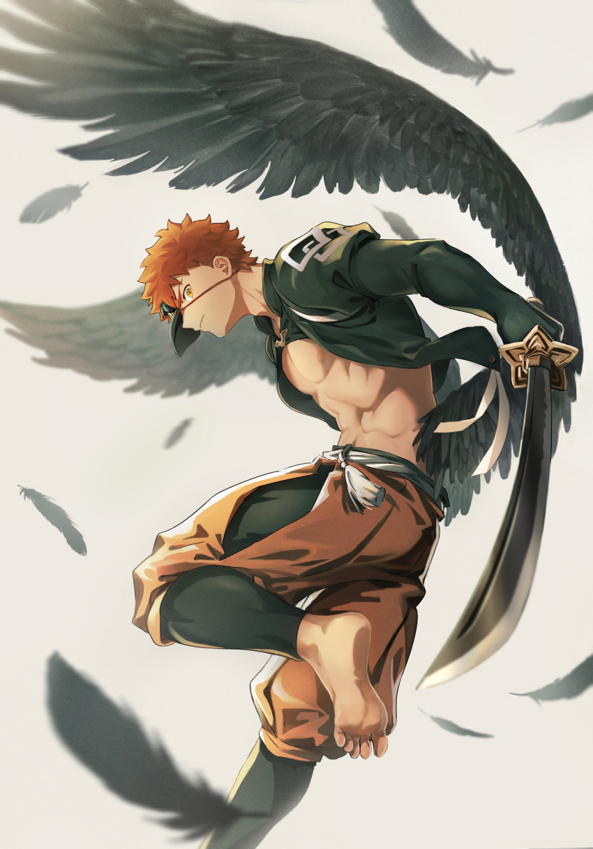 1boy abs absurdres bare_pectorals barefoot black_feathers black_legwear emiya_shirou fate/grand_order fate_(series) feathered_wings feathers feet flying foot_out_of_frame highres holding holding_sword holding_weapon katana leggings looking_at_viewer male_focus mask nipples official_alternate_costume orange_hair pectorals senji_muramasa_(fate) short_hair soles solo spread_wings stomach sword toes toned toned_male tuto_(mokuchin09) weapon wings yellow_eyes