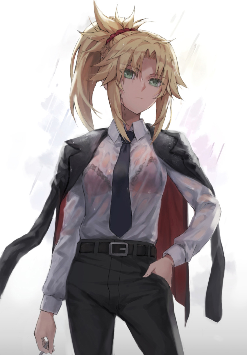 1girl bangs belt black_jacket black_pants blonde_hair bra braid breasts collared_shirt dress_shirt ear_piercing eyebrows_visible_through_hair fate/apocrypha fate_(series) french_braid green_eyes hair_ornament hair_scrunchie highres jacket jacket_on_shoulders long_hair long_sleeves looking_at_viewer mordred_(fate) mordred_(fate)_(all) necktie pants parted_bangs piercing ponytail red_bra revision scrunchie shirt sidelocks small_breasts solo tonee underwear wet wet_clothes white_shirt
