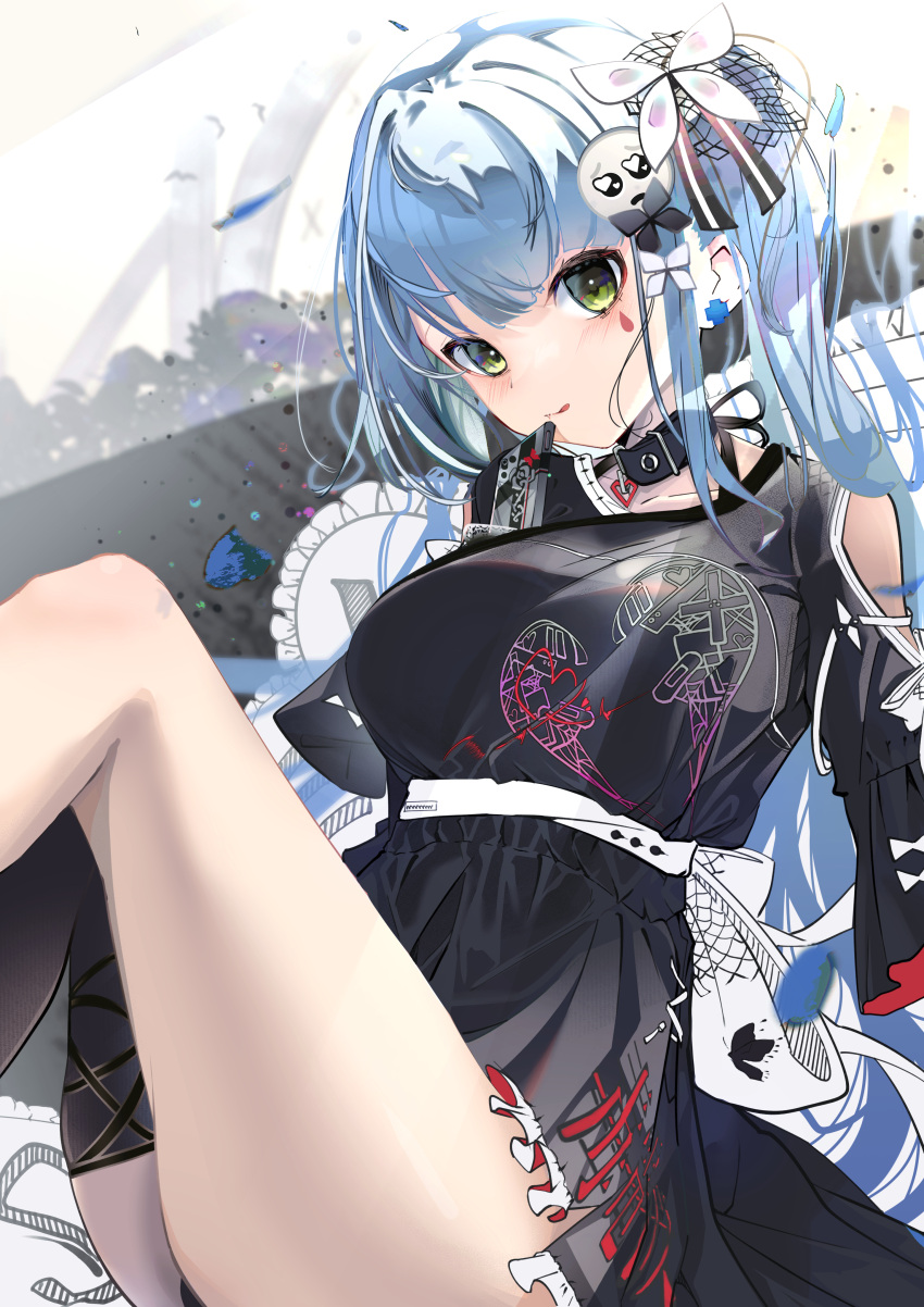 1girl absurdres asymmetrical_legwear bangs belt_bow black_choker black_dress black_panties blunt_bangs bow breasts cellphone choker closed_mouth commentary_request cushion dress facial_mark facial_tattoo girls_frontline green_eyes hair_net hair_ornament hair_ribbon hairclip head_tilt heart heart_choker heart_print highres hk416_(girls_frontline) knees_up large_breasts leather_choker legs_together licking_lips looking_at_viewer on_bed panties phone ponytail ribbon shiny shiny_hair short_dress sidelocks silver_hair sitting smartphone solo soranagi_(una123) tattoo teardrop teardrop_tattoo thigh-highs thighs tongue tongue_out underwear white_bow white_ribbon