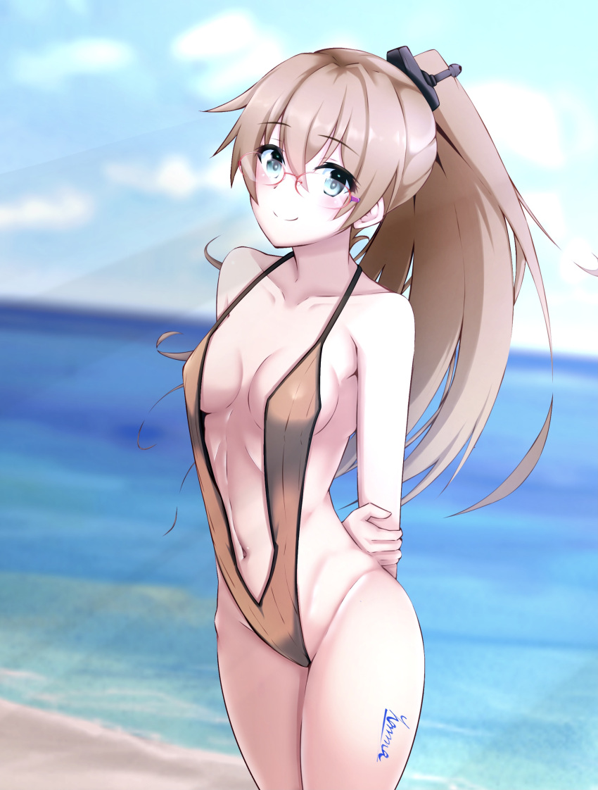 1girl absurdres alternate_costume bespectacled blue_eyes breasts brown_hair brown_swimsuit glasses highres honma_(honmatomohiro) kantai_collection kumano_(kancolle) long_hair navel ponytail red-framed_eyewear slingshot_swimsuit small_breasts smile solo swimsuit