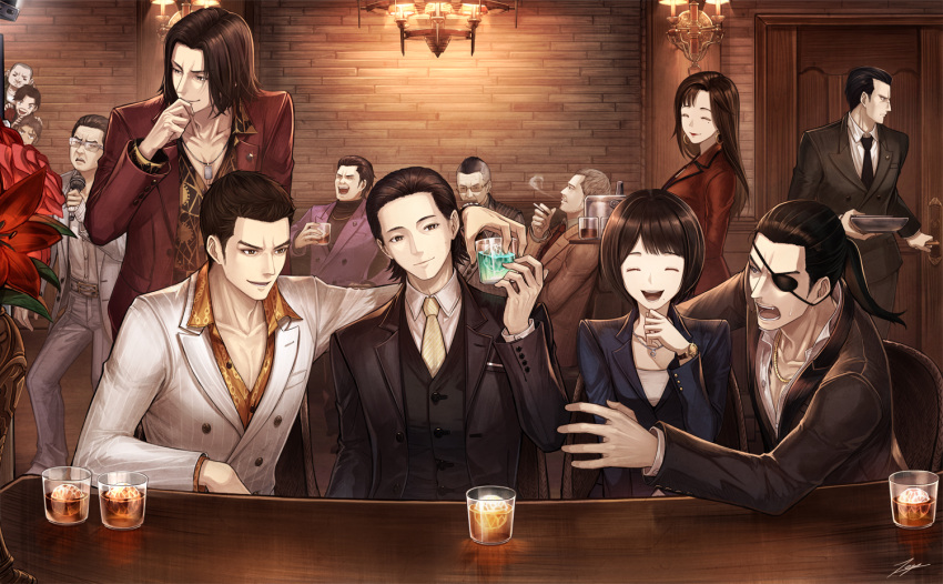 1988 alcohol awano_hiroki bar black_hair black_jacket blue_suit brick_wall chain_print cigarette closed_eyes earrings everyone eyepatch flower formal friends gold_necklace good_end hair_slicked_back happy jacket jewelry kashiwagi_osamu kiryuu_kazuma kuze_daisaku long_hair majima_gorou makimura_makoto manly mature_male medium_hair multiple_boys music nishikiyama_akira nishitani_homare oda_jun reina_(ryuu_ga_gotoku) ryuu_ga_gotoku ryuu_ga_gotoku_0 sagawa_tsukasa shibusawa_keiji singing smoke smoke_trail smoking tachibana_tetsu tenyo0819 turtleneck wen_hai_lee white_jacket yakuza younger