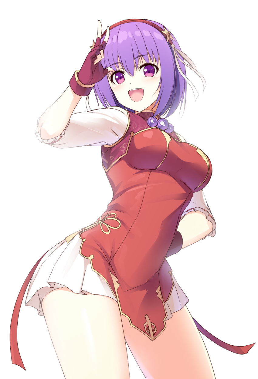 1girl :d arm_up asamiya_athena bangs blush breasts commentary_request dress eyebrows_visible_through_hair fingerless_gloves gloves hair_between_eyes hairband hand_on_hip highres medium_breasts naoki_(endofcentury102) open_mouth purple_hair red_dress red_gloves red_hairband short_sleeves simple_background sleeveless sleeveless_dress smile solo star_(symbol) the_king_of_fighters the_king_of_fighters_xv thighs upper_teeth violet_eyes w white_background