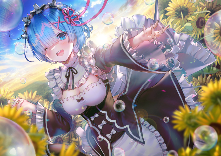 1girl :d apron bangs black_dress black_ribbon blue_eyes blue_hair blurry blurry_foreground blush breasts commentary_request depth_of_field detached_sleeves dress flower flower_knot frills hair_ornament hanato_(seonoaiko) large_breasts looking_at_viewer maid neck_ribbon one_eye_closed open_mouth outdoors re:zero_kara_hajimeru_isekai_seikatsu rem_(re:zero) ribbon short_hair smile solo sunflower white_apron x_hair_ornament yellow_flower