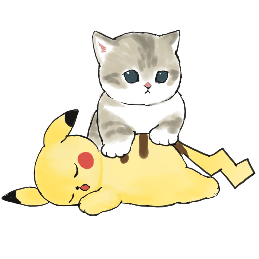 animal bangs blush_stickers cat closed_eyes closed_mouth commentary_request full_body gen_1_pokemon highres juno_(mofu_sand) lying no_humans on_stomach open_mouth original pikachu pokemon_(creature) simple_background white_background