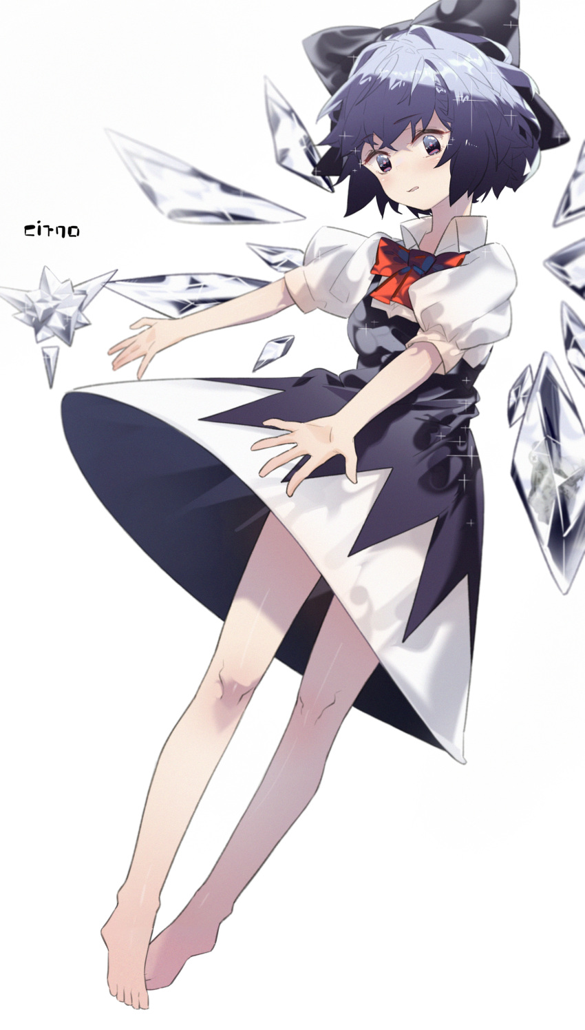 1girl absurdres bare_legs barefoot black_bow black_dress black_eyes blue_hair bow bowtie character_name cirno commentary cuicuijiao dress eyebrows_visible_through_hair full_body hair_bow highres ice ice_wings outstretched_arms parted_lips puffy_short_sleeves puffy_sleeves red_neckwear short_hair short_sleeves simple_background solo sparkle toes touhou two-sided_fabric two-sided_skirt two-tone_dress white_background white_dress wings