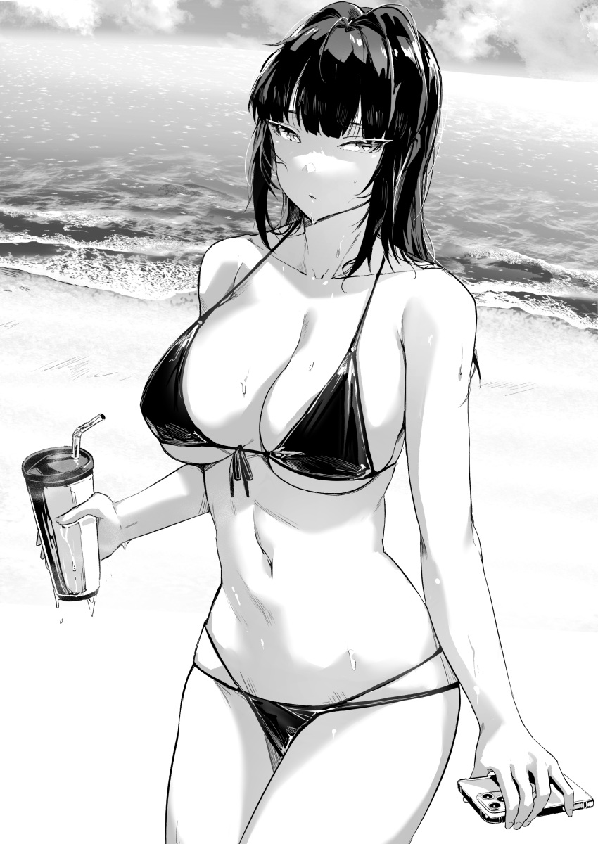 1girl absurdres bangs bare_arms bare_shoulders beach bikini blunt_bangs breasts cellphone collarbone commentary cowboy_shot cup drinking_straw front-tie_bikini front-tie_top greyscale highres holding holding_cup holding_phone large_breasts long_hair looking_at_viewer lynus monochrome multi-strapped_bikini naoko-san navel original outdoors parted_lips phone smartphone solo standing stomach string_bikini swimsuit wet
