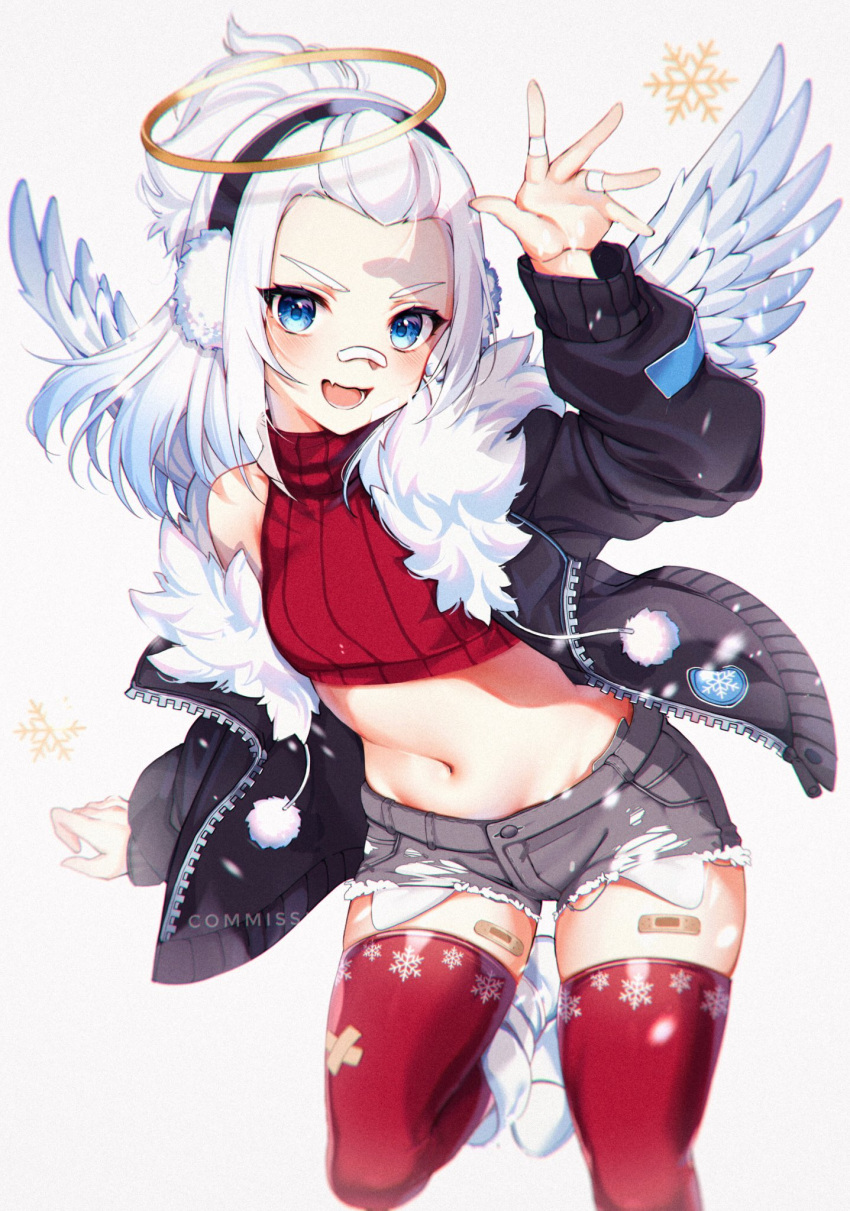 1boy :d angel arm_up bandaid bandaid_on_nose black_jacket blue_eyes blush boots bungo_taiga crop_top earmuffs fur-trimmed_jacket fur_trim grey_shorts halo highres indie_virtual_youtuber jacket kiyochii male_focus midriff navel open_mouth otoko_no_ko short_shorts shorts sidelocks simple_background smile snowflake_print snowflakes solo thigh-highs thighhighs_under_boots v-shaped_eyebrows virtual_youtuber white_background white_hair white_wings wings zipper