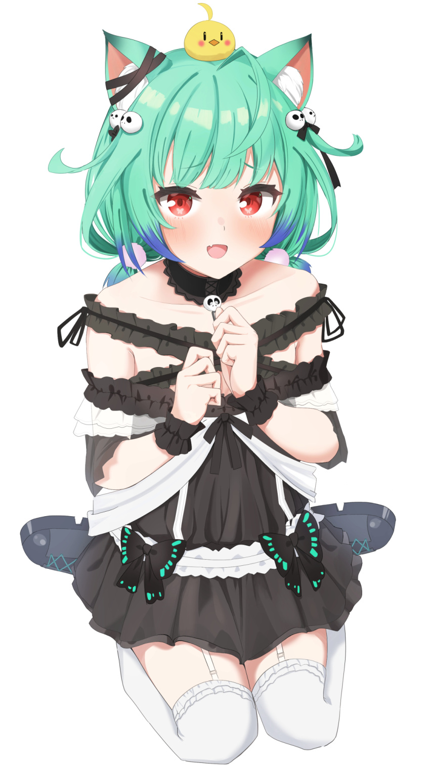 1girl :d ahoge animal_ear_fluff animal_ears animal_on_head backy1005 bare_shoulders bird bird_on_head black_choker black_dress blue_hair blush cat_ears chick choker collarbone colored_tips dress fang flat_chest frilled_dress frilled_legwear frilled_straps frills garter_straps green_hair hair_ornament highres hololive low_twintails off-shoulder_dress off_shoulder on_head open_mouth piyoko_(uruha_rushia) pom_pom_(clothes) pom_pom_hair_ornament red_eyes see-through_sleeves short_hair short_sleeves short_twintails simple_background sitting skin_fang skull_hair_ornament smile solo thigh-highs twintails uruha_rushia virtual_youtuber wariza white_background white_garter_straps white_legwear wristband