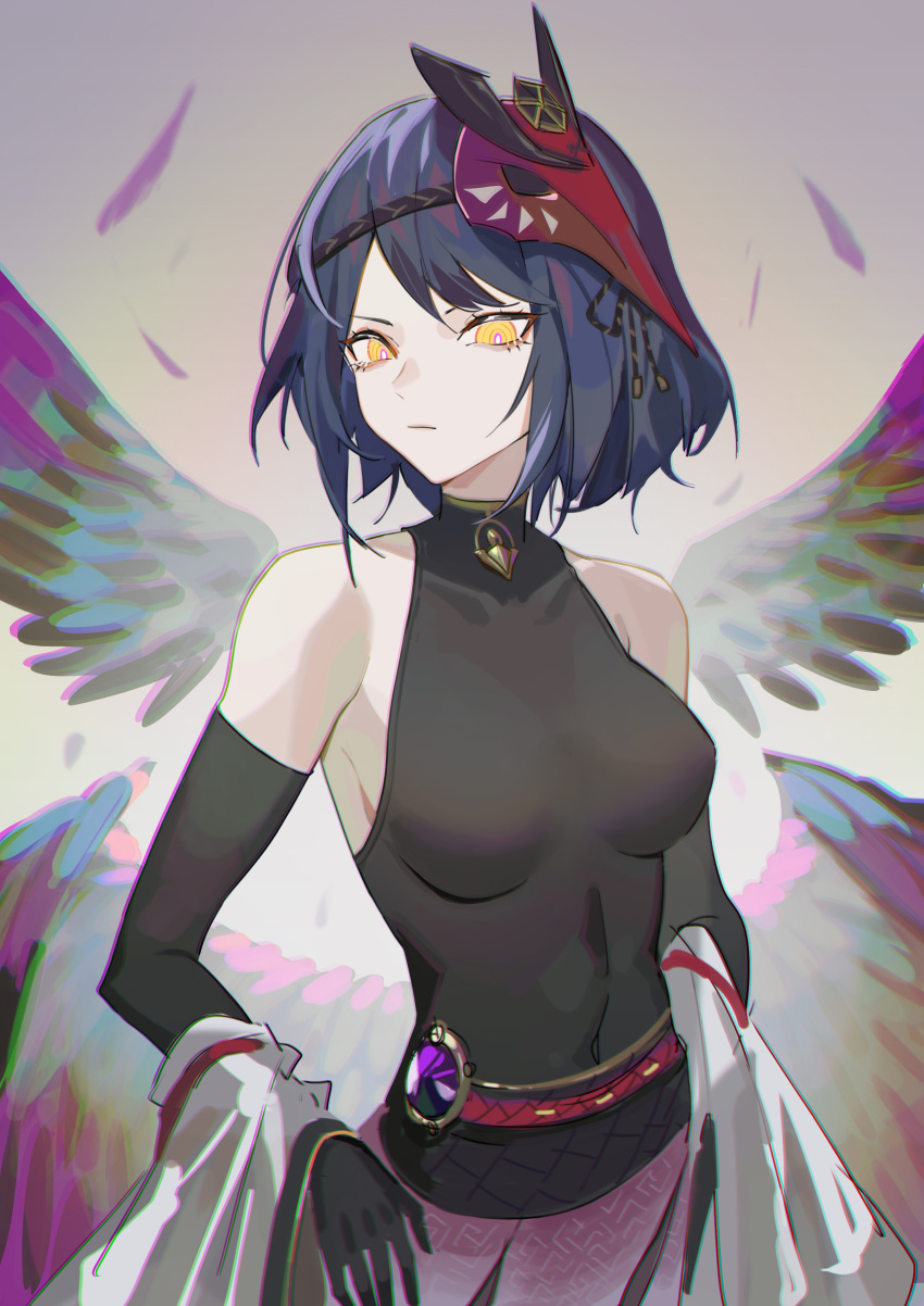 1girl absurdres breasts closed_mouth covered_navel elbow_gloves genshin_impact gloves highres krin kujou_sara mask mask_on_head navel short_hair solo tengu tengu_mask vision_(genshin_impact) wings yellow_eyes