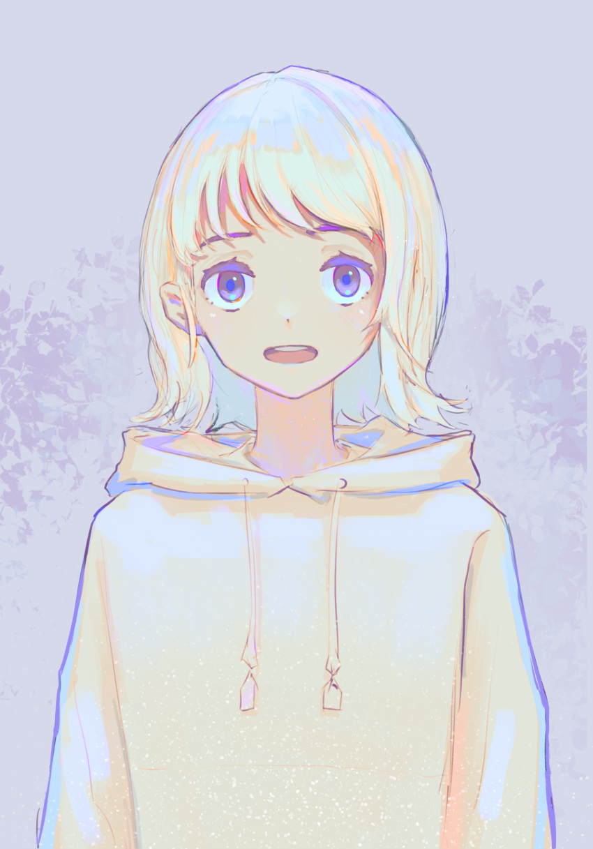 1girl bangs commentary drawstring english_commentary highres hood hood_down hoodie light_particles limited_palette looking_at_viewer open_mouth original purple_background short_hair shunken_he solo upper_body upper_teeth violet_eyes yellow_hoodie