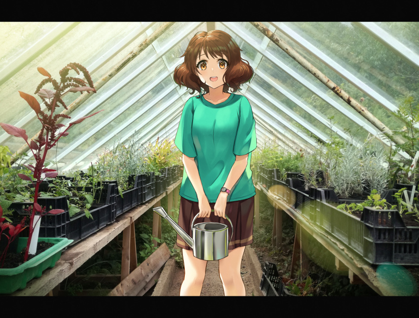 1girl :d bangs blush brown_eyes brown_hair brown_skirt green_shirt greenhouse h-appa hibike!_euphonium highres holding holding_watering_can indoors looking_at_viewer open_mouth oumae_kumiko photo_background plant pleated_skirt shirt short_hair short_sleeves skirt smile solo t-shirt watering_can