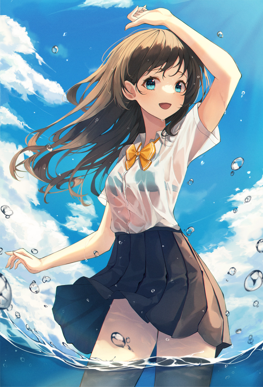 1girl :d arm_up black_hair black_skirt blue_bra blue_eyes blue_sky bow bowtie bra bra_through_clothes clouds collared_shirt cowboy_shot day floating_hair high-waist_skirt highres long_hair looking_at_viewer mela_(rbw1s) open_mouth original outdoors pleated_skirt see-through shirt shirt_tucked_in short_sleeves skirt sky smile solo sunlight underwear wading water wet wet_clothes wet_shirt white_shirt