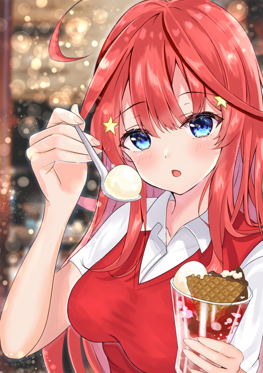 1girl :o absurdres ahoge arm_up bangs blue_eyes blurry blurry_background blush breasts collared_shirt commentary crossed_bangs eyebrows_visible_through_hair face food go-toubun_no_hanayome hair_ornament hand_up highres holding holding_food holding_spoon long_hair looking_at_viewer medium_breasts nakano_itsuki open_mouth parfait pink_nails rain_sunny red_sweater redhead shirt short_sleeves sidelocks solo spoon star_(symbol) star_hair_ornament sweater upper_body white_shirt
