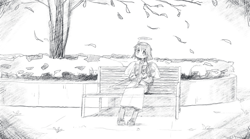 1girl bangs bench blush boots closed_mouth closed_umbrella crosshatching eyebrows_visible_through_hair facing_viewer falling_leaves from_side greyscale haibane_renmei hair_between_eyes halo hands_up hatching_(texture) highres holding holding_umbrella jacket leaf linear_hatching long_skirt long_sleeves looking_up monochrome nikai_no_mado no_nose on_bench open_clothes open_jacket outdoors park park_bench rakka_(haibane) short_hair sitting sitting_on_bench sketch skirt smile solo tareme traditional_media tree umbrella white_background wide_shot wind wing_collar wings winter_clothes