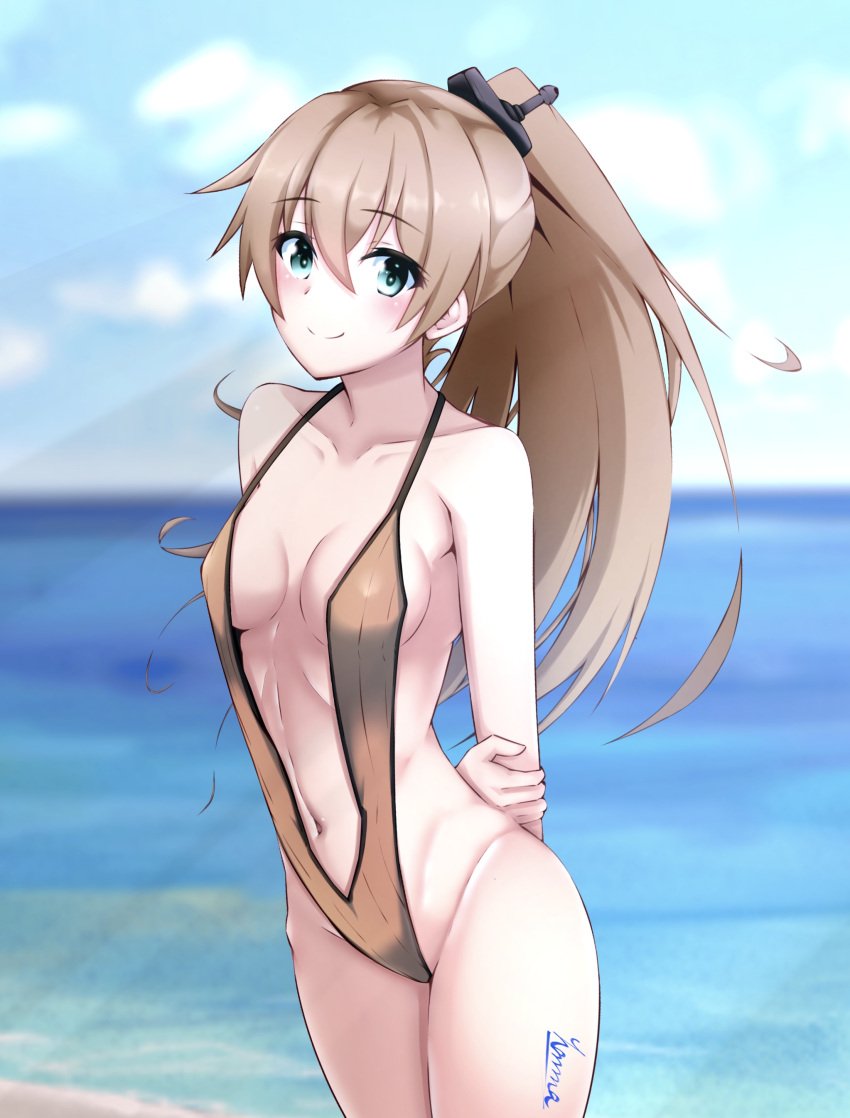 1girl absurdres alternate_costume blue_eyes breasts brown_hair brown_swimsuit highres honma_(honmatomohiro) kantai_collection kumano_(kancolle) long_hair navel ponytail slingshot_swimsuit small_breasts smile solo swimsuit