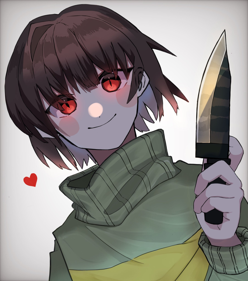 1other bangs blush_stickers brown_hair chara_(undertale) green_sweater grey_background hair_intakes heart highres holding holding_knife horizontal_stripes knife long_sleeves looking_at_viewer other_focus red_eyes short_hair smile solo striped striped_sweater sweater undertale upper_body utitateosoba