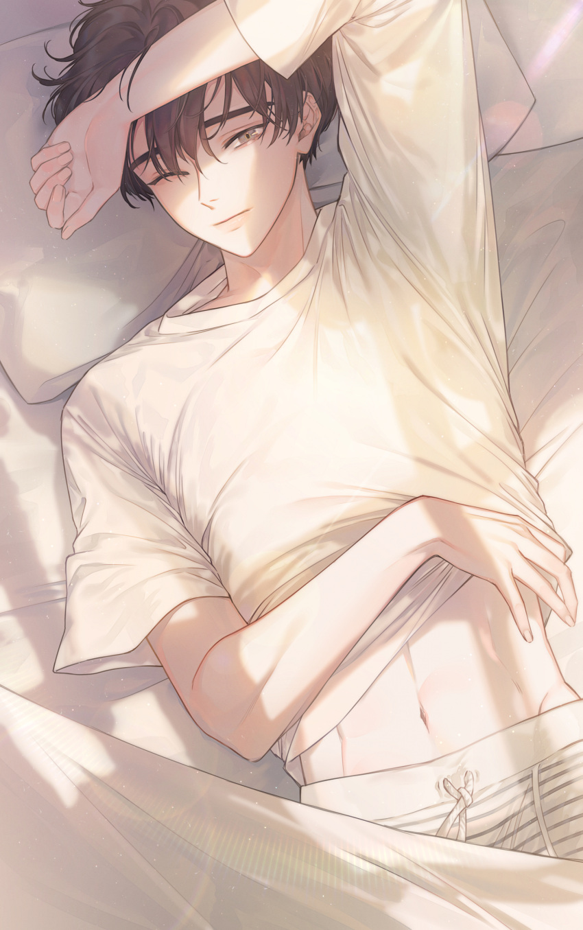 1boy absurdres arm_up bangs bed_sheet boxers brown_hair clothes_lift drawstring fingernails from_above hand_on_forehead hand_up highres indoors lens_flare lifted_by_self light_particles lips looking_at_viewer lying male_focus male_underwear midriff navel nolang on_back on_bed one_eye_closed original pillow shirt shirt_lift short_hair short_sleeves solo striped_boxers sunlight underwear waking_up white_shirt window_shade